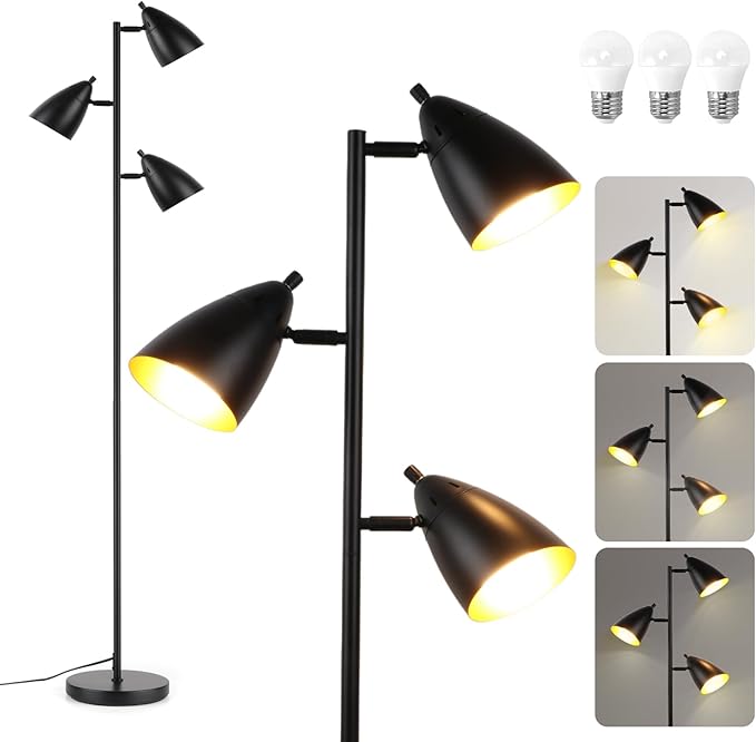 Tree Floor Lamp for Living Room, Industrial 3-Light Standing Lamp with 3 LED Bulbs, Adjustable Rotation Heads, Standing Tall Pole Lamp Farmhouse Rustic Reading Lamps for Bedroom Office (Black)