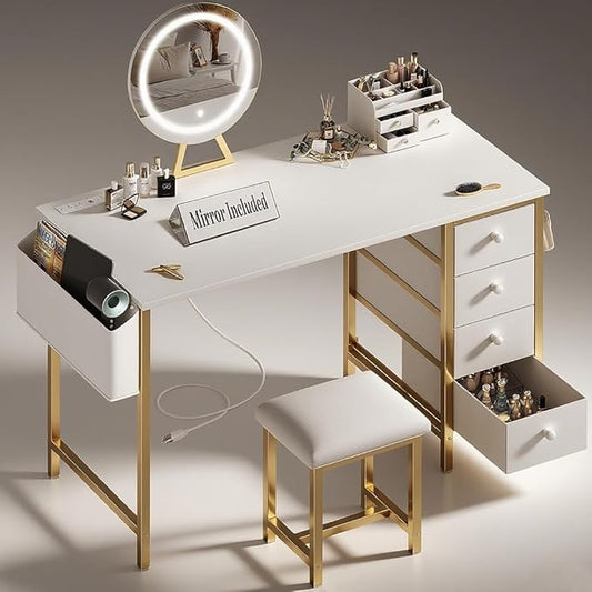 Gold Vanity Desk with Mirror and Light- Makeup Vanity Set Table with Chair, Storage, Lighted Mirror, 4 Large Fabric Drawers & Power Outlet, Dressing Table Vanities for Girls Bedroom