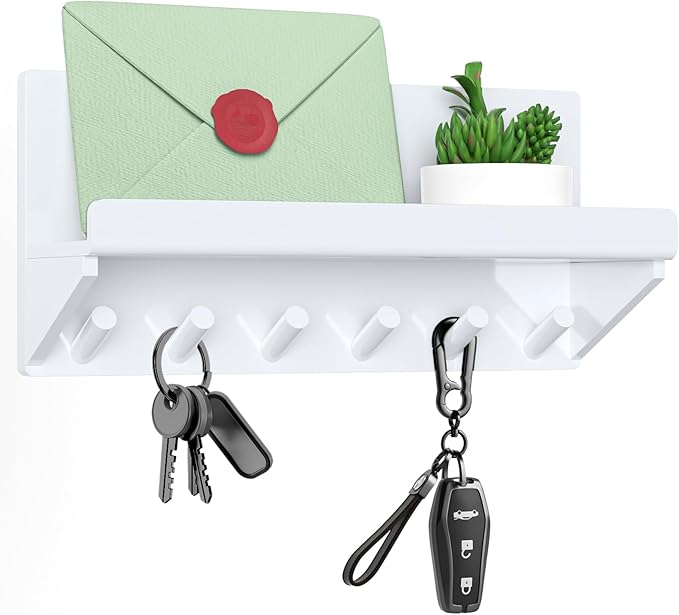 Decorative Acrylic Key Holder - Wall Mount Key Hooks with Shelf, Entryway Key Rack, Mail Organizer, Living Room Decor (White)