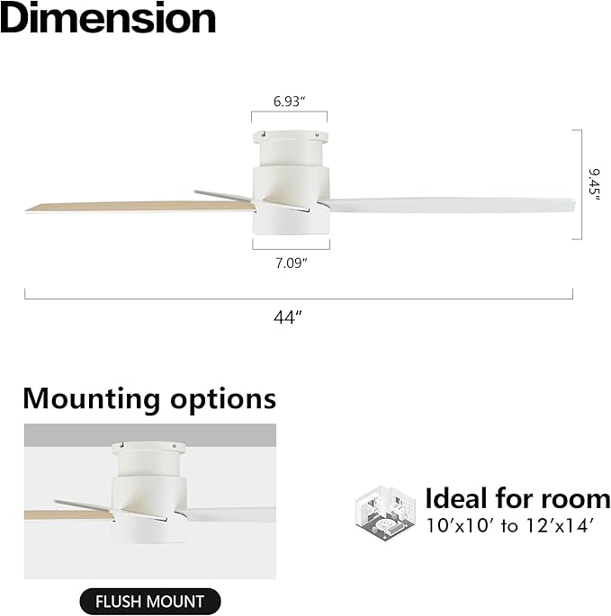 WINGBO 44" Flush Mount DC Ceiling Fan without Lights, 4 Reversible Blades in White/Oak Finish, Ultra Quiet 6-Speed DC Motor, Hugger Low Profile Ceiling Fan No Lights for Bedroom, Indoor/Outdoor Use