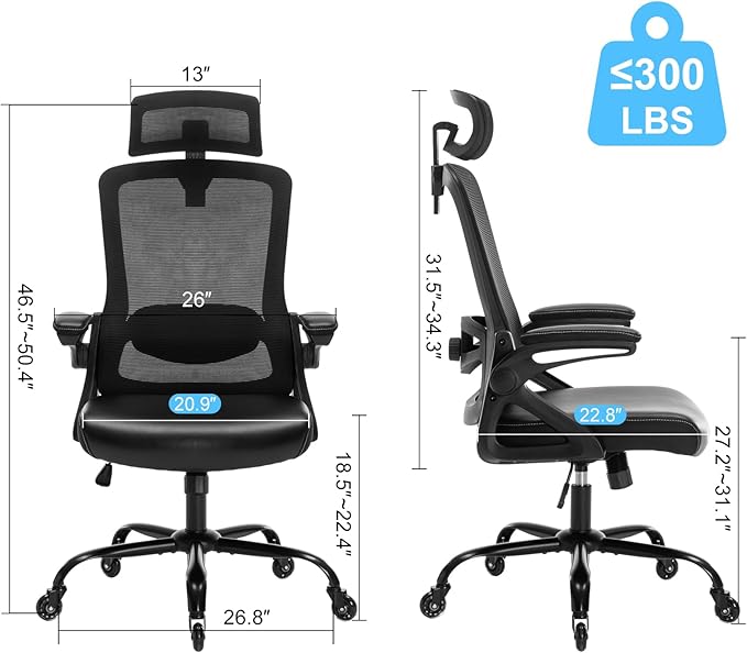 Ergonomic Office Chair, Desk Chair with Adjustable Lumbar Support, High Back Mesh Chair with Blade Wheels, Executive Chair for Home Office