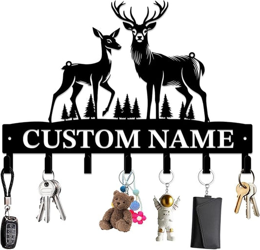 Personalized Custom Name Forest Deer Wall Keys Hooks,Metal Forest Deer Art Clothes Hooks,Metal Forest Deer Wall Home Storage Decorative,For Front Door, Hallway, Kitchen, Bedroom,Keys,Hats (Style H)