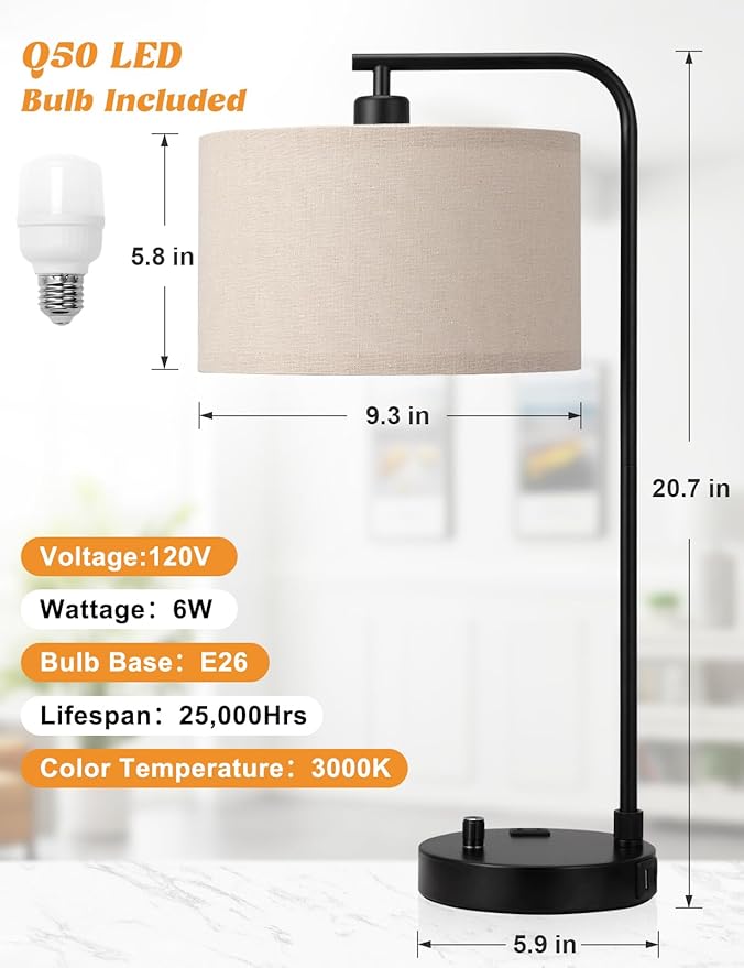 Innqoo Tall Table Lamp with USB Port and Outlet, Dimmable Nightstand Bedside Lamps with Linen Lampshade, Desk Lamp for Bedroom, Living Room, Guest Room, Home Office, LED Bulb Included