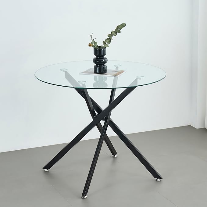 36" Round Glass Dining Table Modern Kitchen Glass Top Table for 4 with Black Metal Legs, Clear Dining Table Kitchen Table for Home Office Dining Room