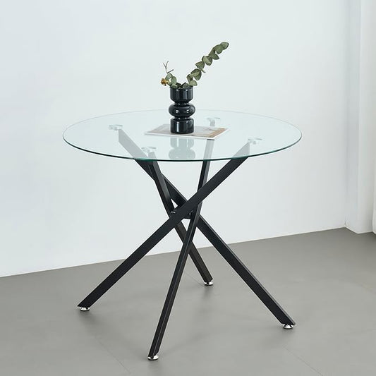 36" Round Glass Dining Table Modern Kitchen Glass Top Table for 4 with Black Metal Legs, Clear Dining Table Kitchen Table for Home Office Dining Room