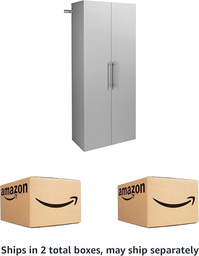 Prepac HangUps 30" Large Garage Cabinet, Bathroom Cabinet Wall Mount, Ideal for Garage, Kitchen and Laundry Organization 30" W x 72" H x 16" D, Light Gray
