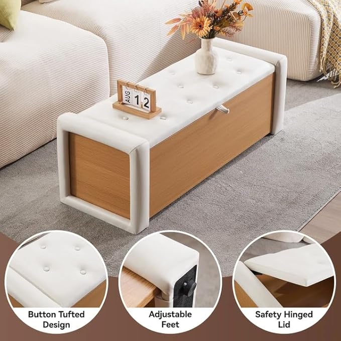 48" Large Storage Ottoman Bench, Faux Leather Upholstered Bed Bench with Button Tufted, End of Bed Ottoman with Safety Hinge for Bedroom, Living Room, Window，or Entryway, Beige Shoe Storage Chest