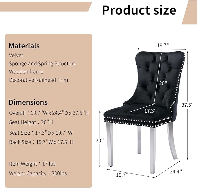 Luxury Upholstered Dining Chairs Set of 4, Black Kitchen Chair with Silver Metal Legs, Velvet Tufted Back Dining Chair, Sillas de Comedor, Modern Kitchen & Dining Room Chairs (Black, 4 Pcs)