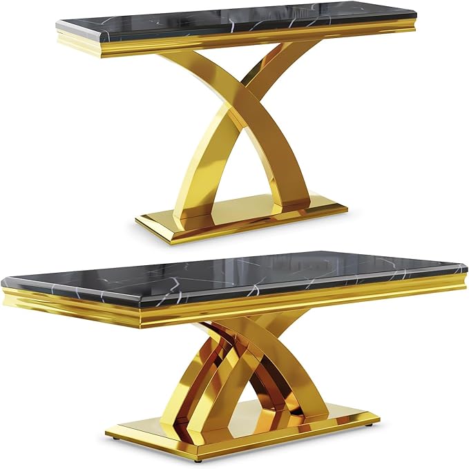AUZ 2 Pieces Black Gold Living Room Table Set, Coffee Table and Console Table with X-Shape Design Polished Stainless Steel Frame