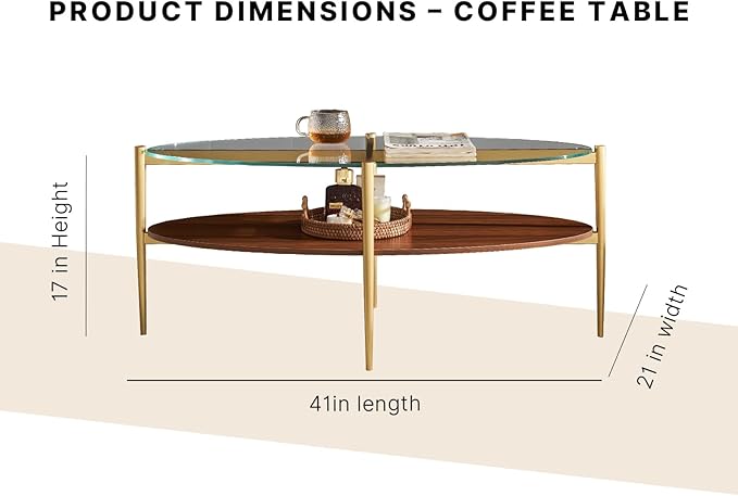 Shrine Oval Coffee Table, Mid-Century Modern Design, 2-Tier Structure, Clear Glass Top and Walnut MDF Shelf, 47" D x 21" W x 17" H, Sleek Conical Metal Legs with Gold Finish