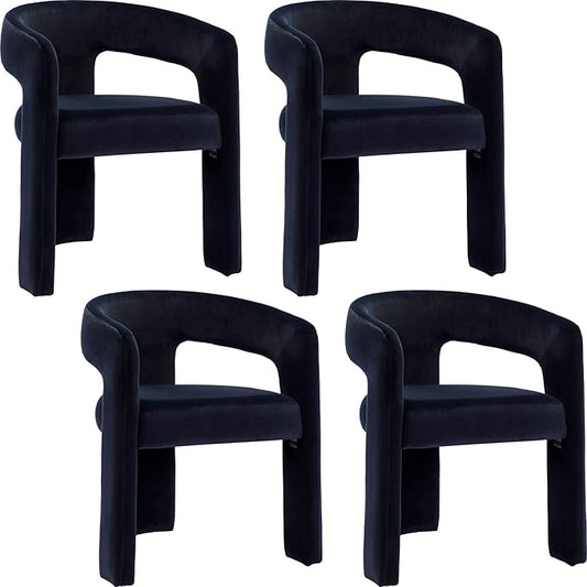 Set of 4 Modern Velvet Fabric Upholstered Dining Chairs with Open-Back, Cute Barrel Side Chairs Kitchen Armchair Accent Chairs for Dining Room Bedroom, Black