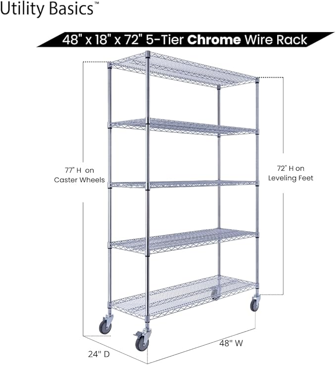 NSF Commercial 5-Tier Wire Shelving with Wheels, 48"x18"x72" Heavy Duty Metal Shelves 4000 lbs Max Capacity, Chrome Storage Rack for Garage Kitchen Pantry Warehouse