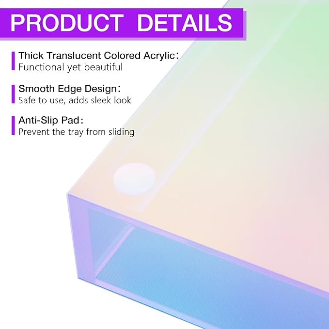 Acrylic Tray Iridescent 5mm Thicken 12x6'' - Vanity Makeup, Perfume, Jewelry Holder, Napkin, 12x6'' Decorative Serving Tray for Bathroom, Toilet Tank, Sink Countertop, Living Room,Dresser,Wedding