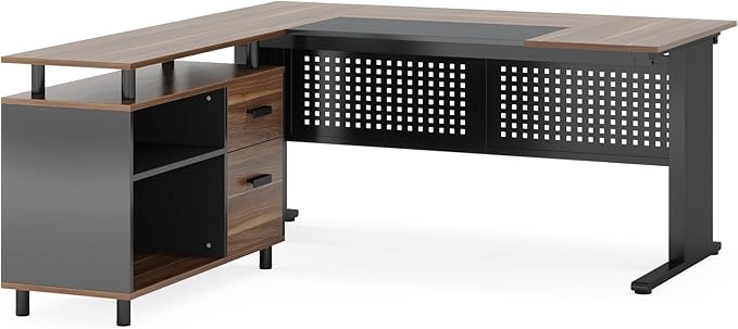 LITTLE TREE Large Computer Desk with File Cabinet, 63 Inch L Shaped Executive Office Desk with Drawers and Storage Shelves, Business Furniture Workstation for Home Office