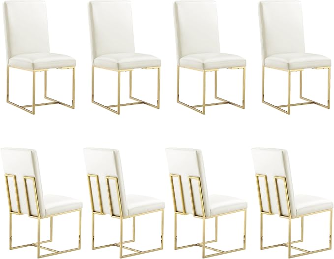 AUZ Dining Chairs Set of 8, White Faux Leather Dining Room Chairs with Gold Stainless Steel Sled Legs