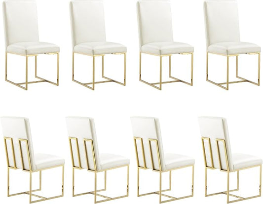 AUZ Dining Chairs Set of 8, White Faux Leather Dining Room Chairs with Gold Stainless Steel Sled Legs
