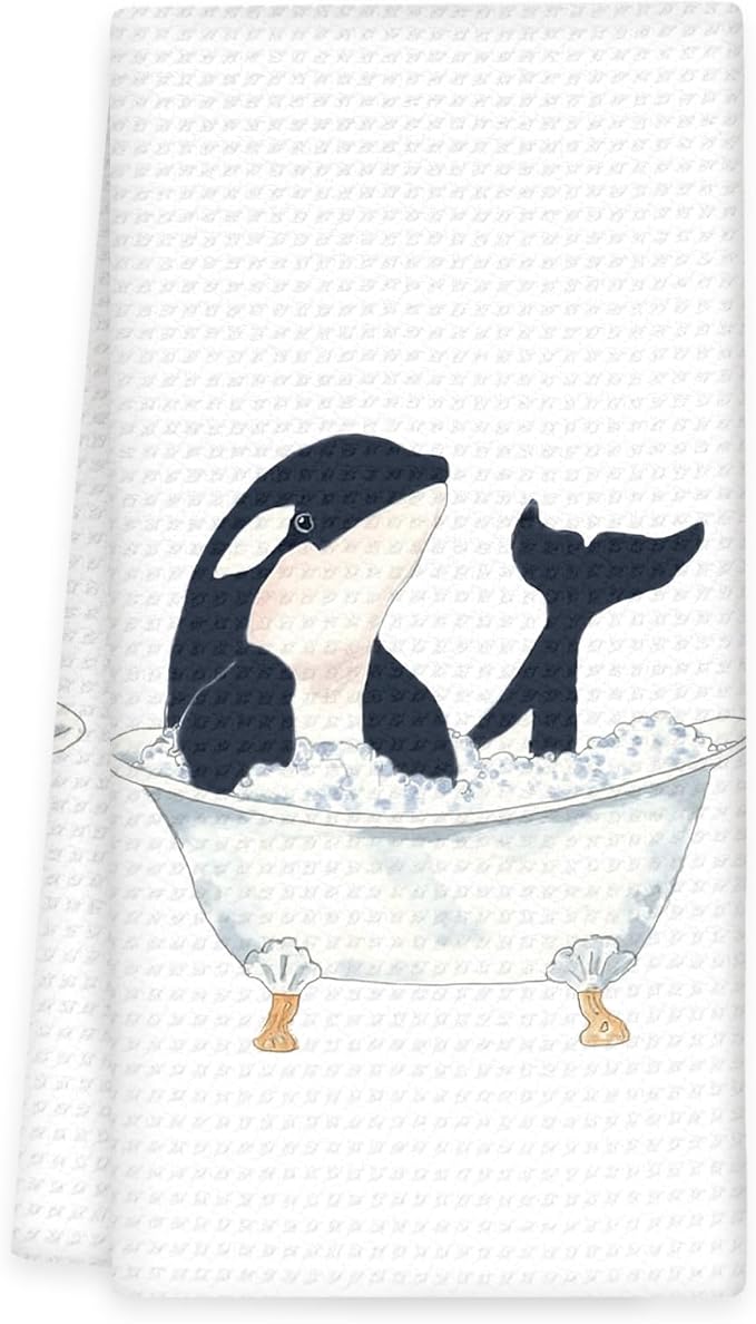 Funny Killer Whale Kids Bathroom Hand Towels, Sea Life Nautical Ocean Animal Decor for Bathrooms, Fun Killer Whale Taking Bath Hand Towels for Bathroom Washroom, 16x24In