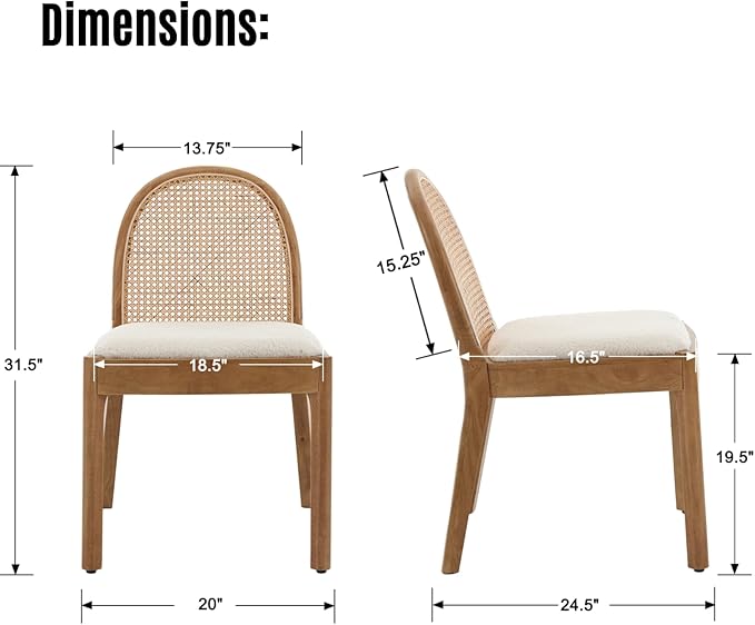 LukeAlon Modern Sherpa Dining Chairs Set of 2, Natural Woven Rattan Cane Back Side Chairs with Solid Wood Legs Mid Century Dinner Chairs for Kitchen Living Room, White