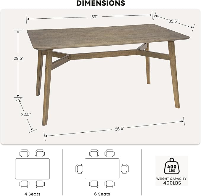 VESCASA 59" L Wood Rectangle Dining Table for 4, Rectangle Kitchen Table for 6 with 4 Solid Wood Legs for Dining Room, Kitchen, Restaurant, Smokey Taupe