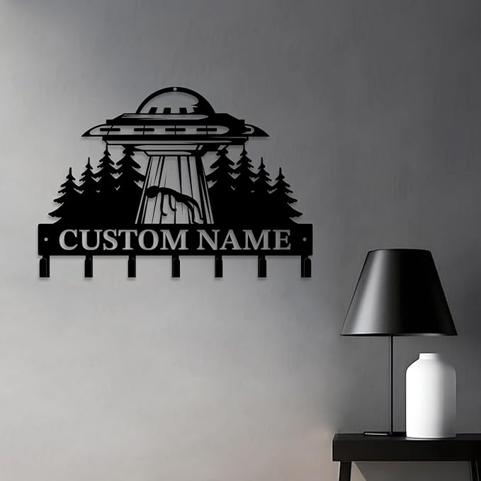 Personalized Custom Alien ET UFO Metal Wall Keys Hooks,Clothes Hooks Alien ET Art coat racks,door holder,Black Alien ET decorations for home,Entrance doors,Hallway, Bedroom,Keys,Hats (Style H)