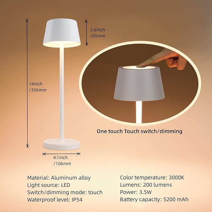Rechargeable LED Wireless Desk Lamp,with IP54 Waterproof Function and Touch Dimming Table Lamps,Suitable for Indoor and Outdoor Lighting White