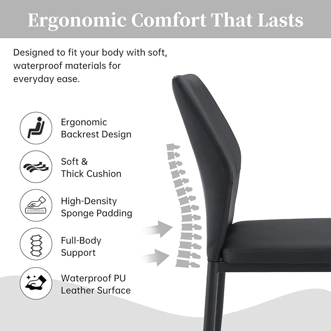 63" Modern Black Dining Table Set for 6 with Chairs, 7 Piece Rectangular Dining Room Table and 6 PU Leather Chairs, Kitchen Dining Set with Matte Wood Finish, Geometric Base, Easy Assembly