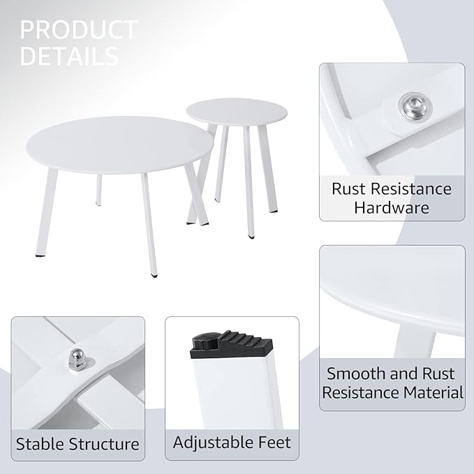 Outdoor Patio Coffee Table Set of 2, Weather Resistant End Table, Round Nesting Tables for Living Room Balcony Office, White