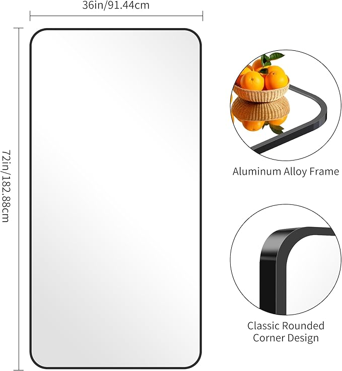 FORBATH Large Bathroom Mirror 72x36 Inches, Black Oversized Wall Mirror for 2 Sinks Aluminum Frame Full Length Rounded Corner Morndern Mirror for Bathroom Bedroom Entryway Living Room