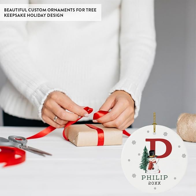 Andaz Press Personalized Ornament, Custom Name, Initial P Monogram Snowman 2.8" Ceramic Porcelain 2025 Christmas Ornament Keepsake for Kids, Boys, Girls, Includes Gold Ribbon & Gift Box, 1-Pack