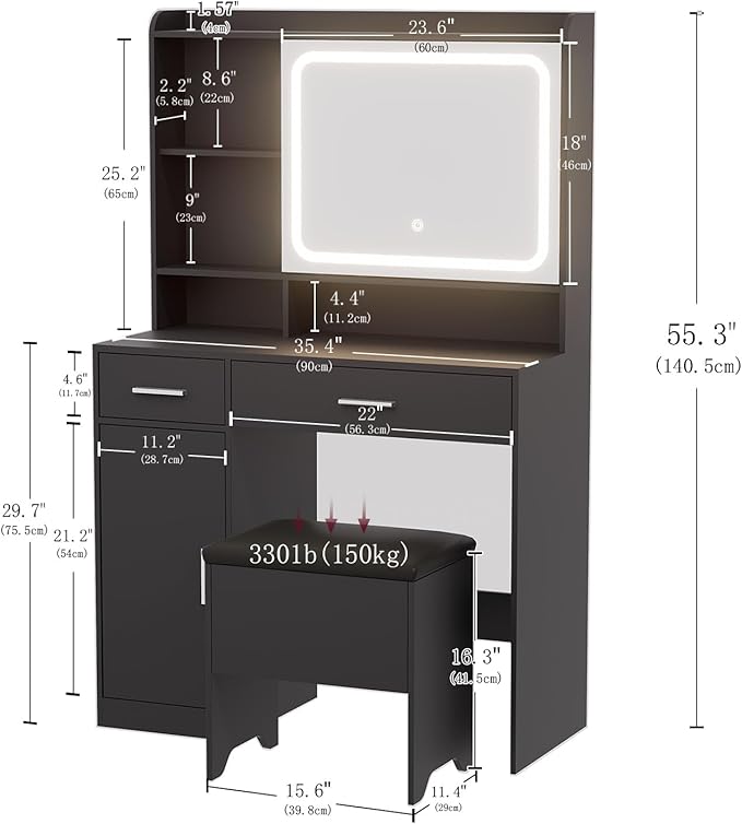 Vanity Desk with Sliding Mirror & Power Outlets - Dimmable LED Lighting, 4 Open Shelves, 2 Drawers, 1Storage Cabinet & Padded Stool - Ideal Bedroom Makeup Dressing Table （Black）