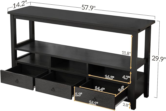Karl home Console Table with 3 Bottom Drawers, 57.9" W Sofa Side Table Entryway Desk with 3 Storage Cubbies 1 Open Shelf, Vintage TV Stand for Hallway Living Room Office, Black 29.9" H