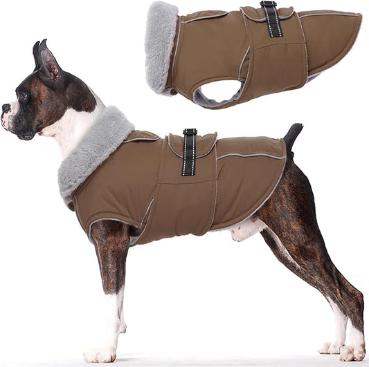 Lelepet Warm Dog Coat Reflective Fleece Vest Waterproof Dog Jacket with Adjustable Buckle Hook & Loop Windproof Cold Weather Coats for Small Medium Large Dogs, Brown, L