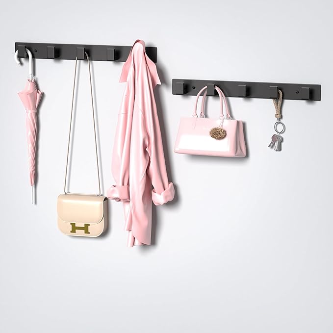PMMASTO Coat Rack Wall Mount, Coat Hooks Wall Hooks for Hanging, Stainless Steel Coat Hanger Towel Hooks for Bathrooms, Hat Rack (Black 5 Hooks, 2 Pack)