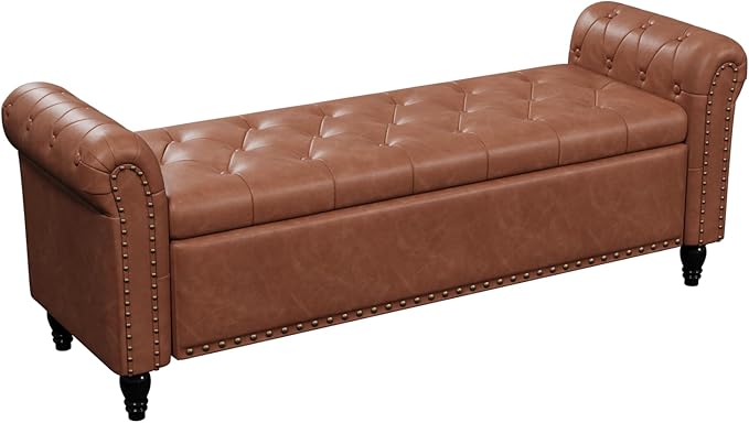 65 Inch Bedroom Bench, End of Bed Bench with Storage, Bed Benches for Foot of Bed, Faux Leather Window Bench with Tufted Button and Nailhead Trim, Upholstered Storage Bench with Rolled Arms, Brown