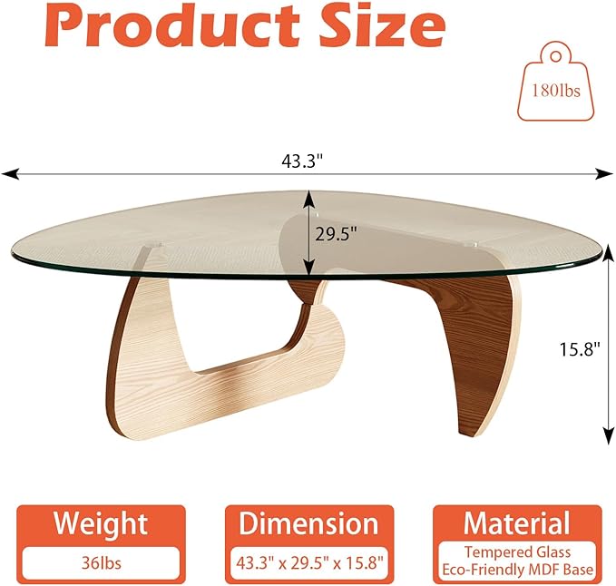 Modern Coffee Table for Living Room and Small Spaces, 43.3" x 29.5" x 15.8" Triangle Tempered Glass Table Top and Eco-Friendly MDF Base, Natural Wood