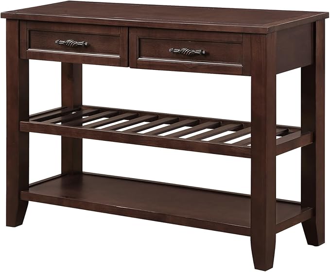 KEIKI 42”L Pine Solid Wood Entryway Console Table with 2 Storage Drawers, Mid-Century Retro Behind Couch Sofa Table with 2 Tiers Open Shelf for Hallway, Entrance, Entry Way, Living Room, Foyer