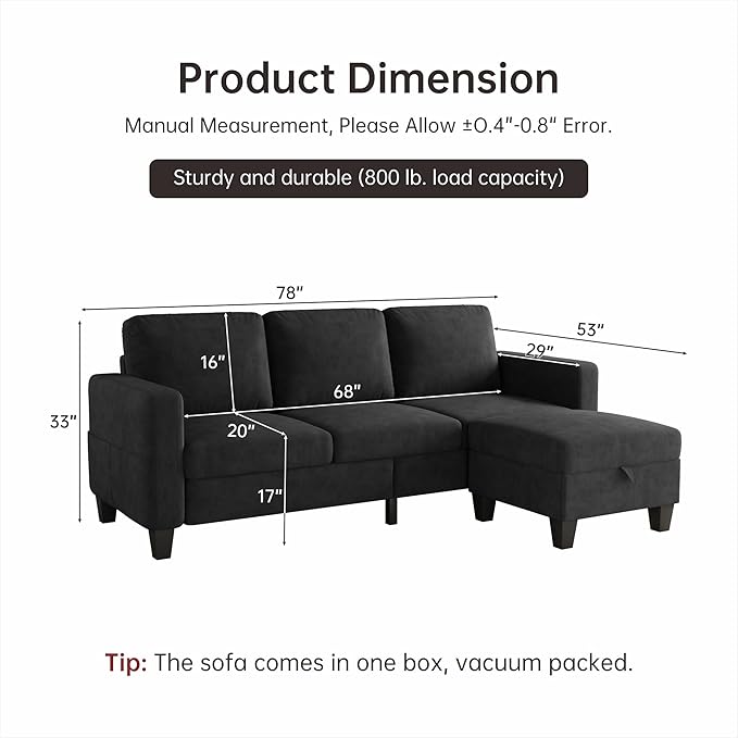 Youmumeub 79''Sectional Couch Couches for Living Room - L-Shaped 4-Seater Deep Sectional Sofa,Removable Covers,Suitable for The Living Room, Apartment or Office-Black