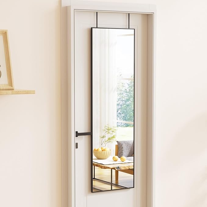 BEAUTYPEAK 16" x 50" Adjustable Height Over The Door Mirror, Full Length Hanging Door Mirror with Shatterproof Tempered Glass Aluminum Alloy Frame for Bedroom, Living Room, Bathroom, Dorm, Black