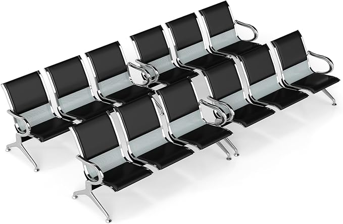 Kinfant 3-Seat Waiting Room Bench Set- PU Leather Office Chair Guest Reception Waiting Room Chair for Airport, Hospital, Bank, Salon, Barbershop, Black(Set of 4)