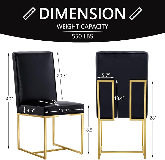 AUZ Black and Gold Faux Leather Dining Chairs Set of 6, Mid-Century Modern Luxury Upholstered Kitchen Room Chairs with Polished Stainless Steel Sled Legs