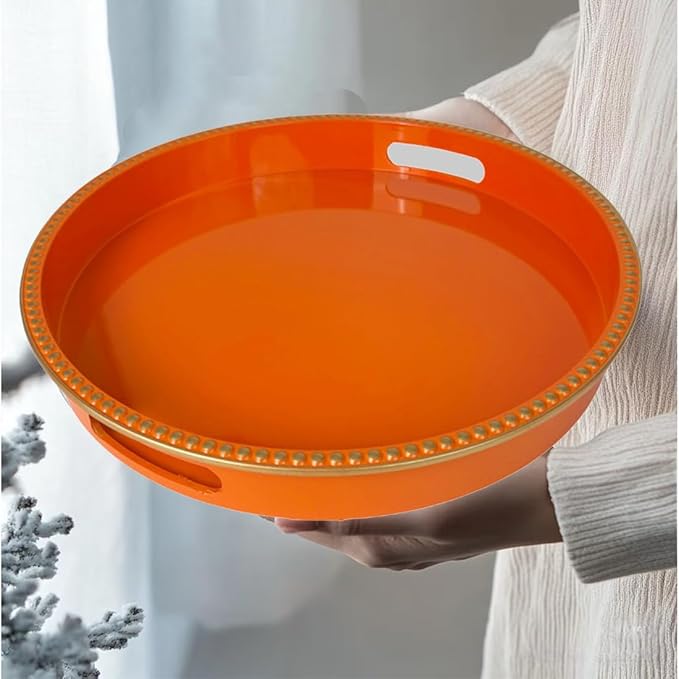 Orange Decorative Tray for Coffee Table, Round Beaded Plastic Serving Tray forKitchen Counter, Ottoman, Living Room,(13")