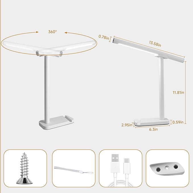 Magnetic Led Desk Lamp: 2 in 1 Reading Lamp with USB Charging Port for Home Bedroom Office Study | Dorm Desk Lamp with 3500-6500k Touch Control Dimming | 5 Brightness Levels | White