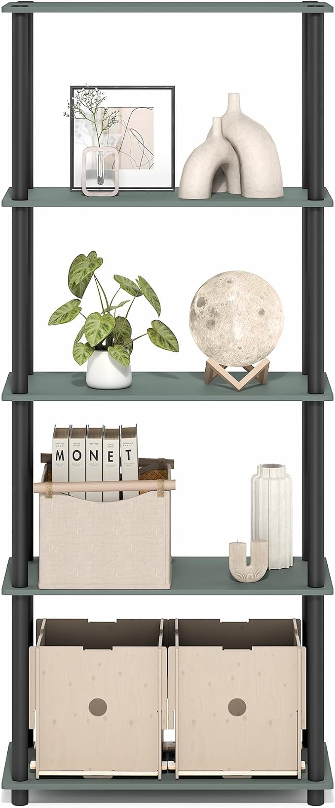 Furinno Turn-N-Tube Storage Shelves, 5-Tier Book Shelf, Corner Shelf, Toolless Open Shelves, for Organization and Storage, Living Room, Garage, Home Office, Sage Green