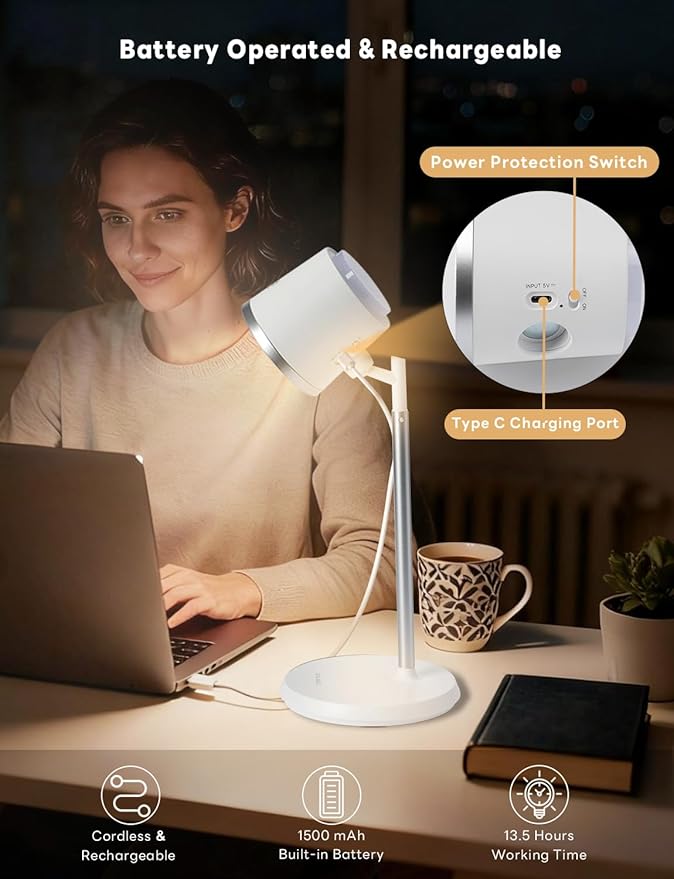 Rechargeable Desk Lamp, Magnetic Wall Mount LED Light, Dimmable Table Lamp with Adjustable Brightness & 3 Color Modes for Reading, Work, Bedroom, Hallway