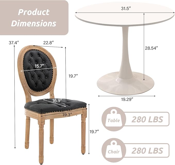 SoarFlash Kitchen Table and Chairs for 2, 31.5" Dining Table Set for 2 with French Dining Chairs, 3 Piece Round Kitchen Table Set, Dining Room Table Set for Small Space, Apartment