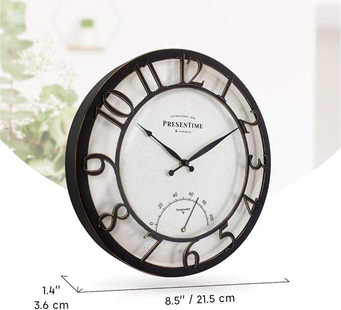 Presentime & Co 13" Farmhouse Outdoor Wall Clock w/Outdoor Thermometer, Cottage Style, Raised 3D Arabic Numerals, Oil Rubbed Bronze Finish (Wall Clock for Patio, Cottage, Poolside, Garden Spaces)