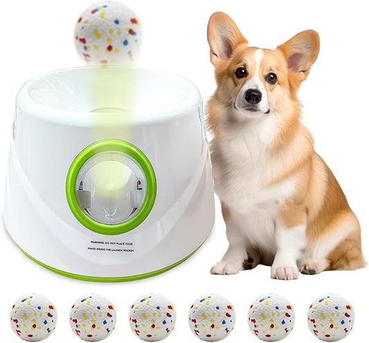 Automatic Dog Ball Launcher with 6 ETPU Tennis Balls, Dog Ball Thrower for Small & Medium Dogs, 3 Adjustable Distance 19-45FT, Interactive Toy Throwing Machine for Indoor/Outdoor