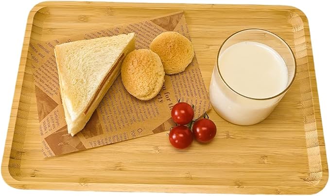 Bamboo Serving Tray Rectangle Platter Breakfast Dinner Food Bed Tray for Eating Kitchen Restaurants (1, 14.2" x 9.5" x 0.8" (no Handle))
