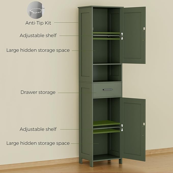 Homhedy 67" H Tall Bathroom Storage Cabinet with 2 Barn Doors and 1 Drawer, Narrow Storage Unit, Adjustable Shelves, Floor Cabinet for Bathroom, Living Room, Entryway, Kitchen, Green, (15.7" W)