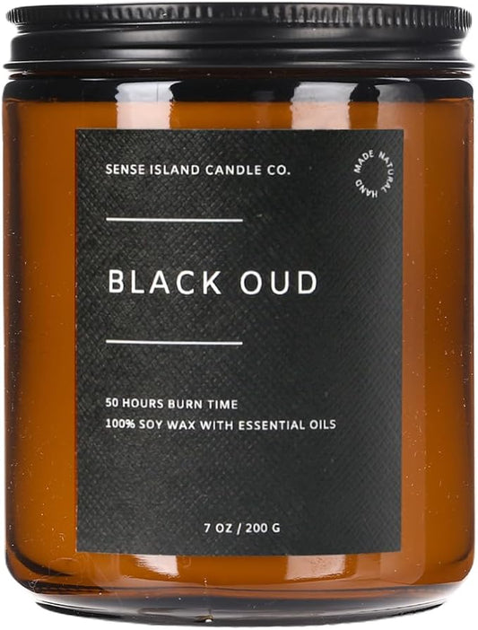 Black Oud Wood Wick Candle – Luxury Earthy Woody Scent, 100% Soy, 50-Hour Burn – Scented Candle with Wooden Wick for Home, Office, Gifts